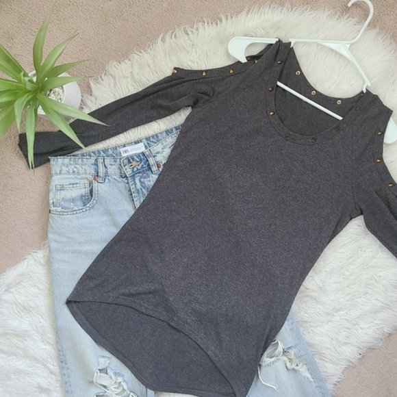 Gray studded tunic high to low long sleeve tunic - Picture 7 of 8